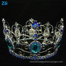 Newest Design Fully Round Rhinestone Pageant Crown, Prom King Crown With Sapphire Blue Crystal